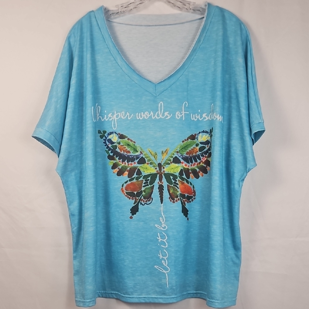 Women's 2XL Blue Loose Relaxed Graphic Boxy V-Neck T-Shirt Bold Design T6